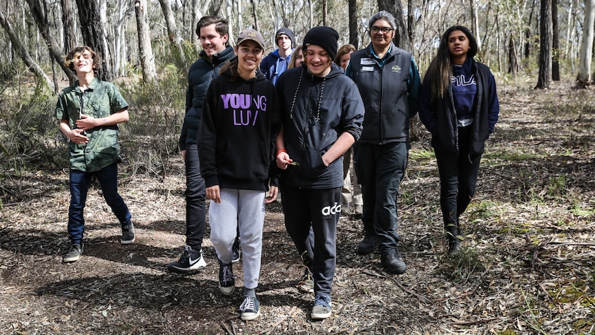 Greater Bendigo National Park provides the backdrop to Year 10 students walking through the bush.