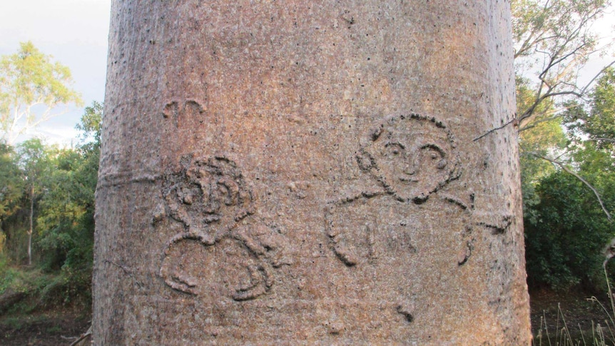 Two human like figures show up as lumpy outlines on bark of a big tree