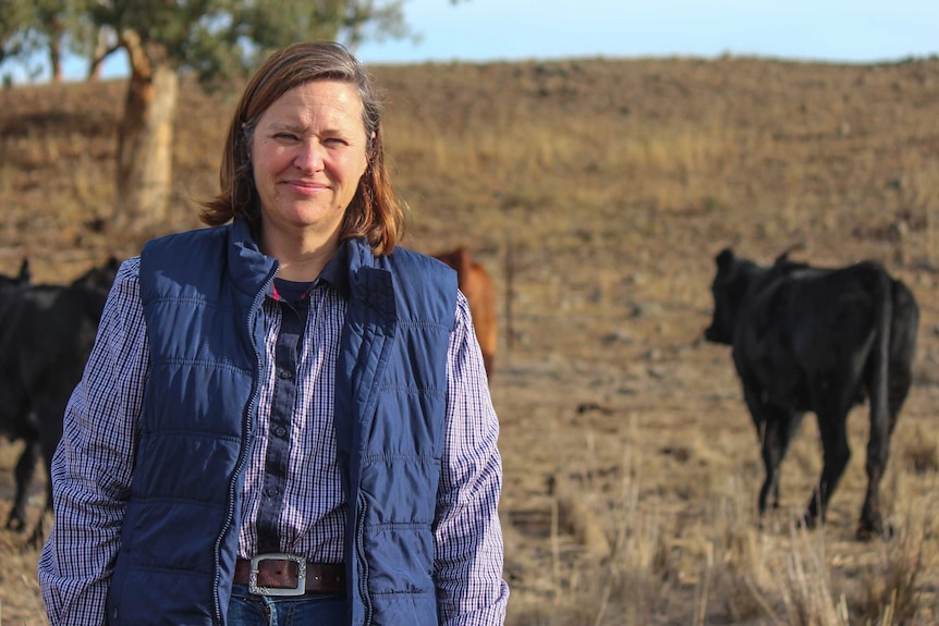 A woman with greying brown hair, dressed in outdoor clothing, stands in a paddock with some cows in the background.