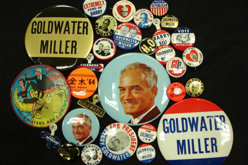 Campaign badges for the Barry Goldwater (Republican Party) presidential campaign of 1964.