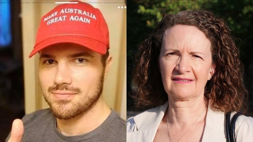 A composite image of Gable Tostee giving the thumbs up, and Jennie Hill from the Mad F***ing Witches group