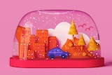 A 3D illustration of a snow globe depicting a city, a car and some trees with falling snowflakes to depict a tree change.