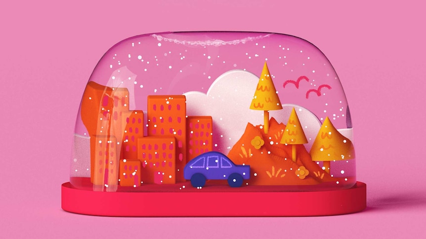 A 3D illustration of a snow globe depicting a city, a car and some trees with falling snowflakes to depict a tree change.