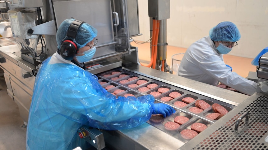 Two workers in face masks and protective suits work processing salami.