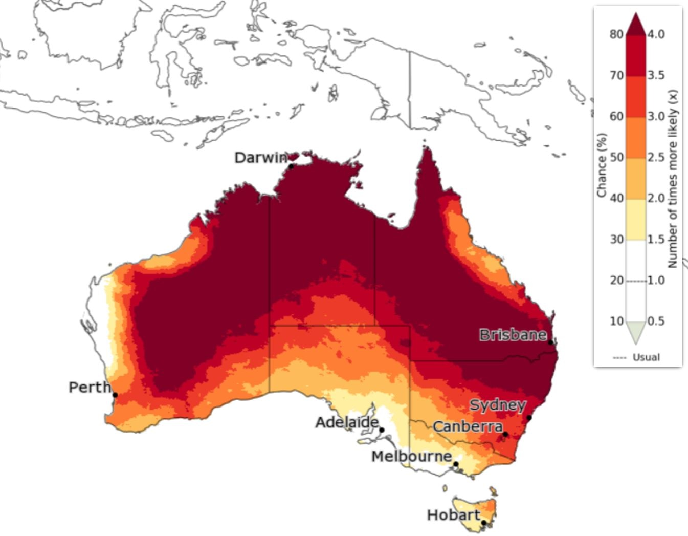 A map of Australia coloured various shades of red and yellow.