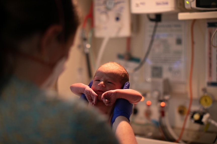 A midwife holds a newborn baby up so it's almost level with her head, its arms are scrunched up over her hands.