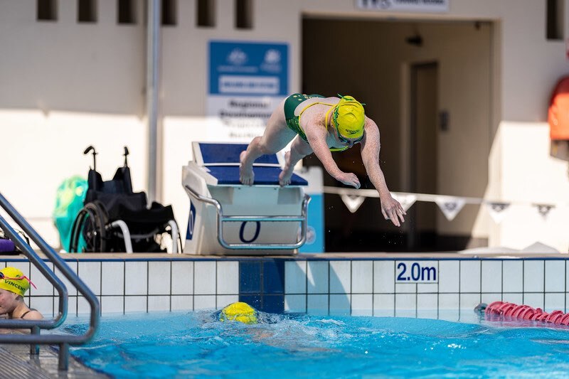 A swimmer dives into a pool.