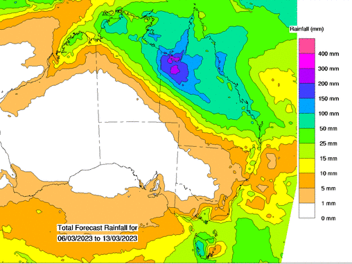 A weather map showing forecast rainfall