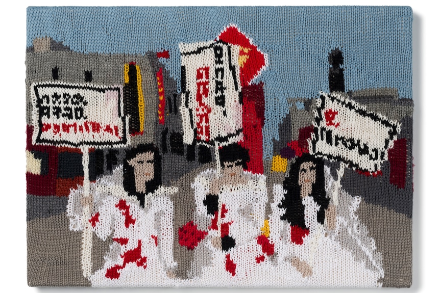 A knitted artwork by Kate Just featuring China's Feminist Five