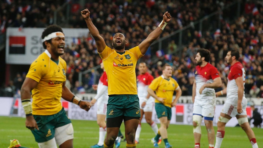 Tight victory ... Tevita Kuridrani celebrates the Wallabies' victory after the full-time whistle