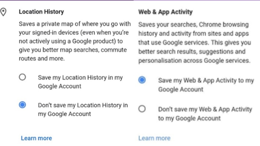 The description of the Location History setting and the Web & App Activity setting.