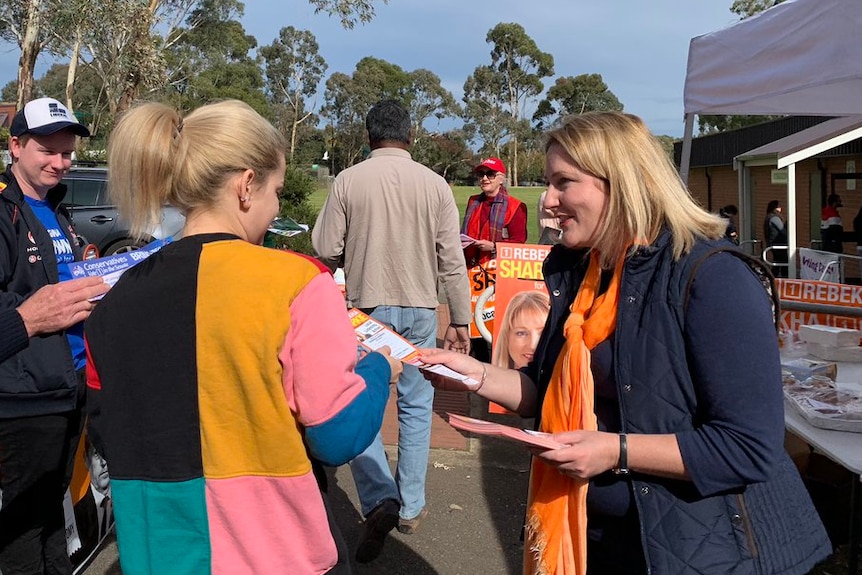 Centre Alliance's Mayo MP Rebekha Sharkie distributes how-to-vote card.