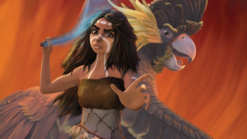 Cover art of Wylah in traditional dress staring down an unseen opponent. Behind her looms a giant yellow-tailed black cockatoo.