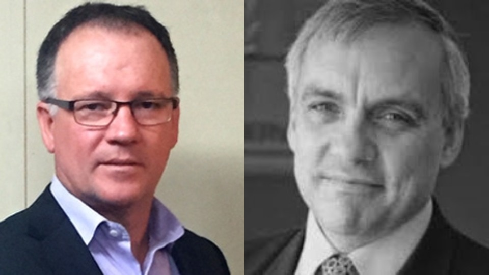 Imagen de compostaje de un retrato de Michael Mapp a la izquierda, fotografía en blanco y negro de Brian MacDonald a la derecha