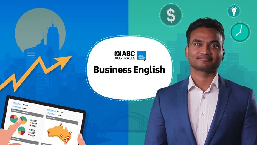 A man stands beside text that reads Business English