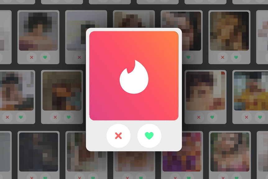 An illustration of blurred out Tinder profiles with Tinder's logo in the middle
