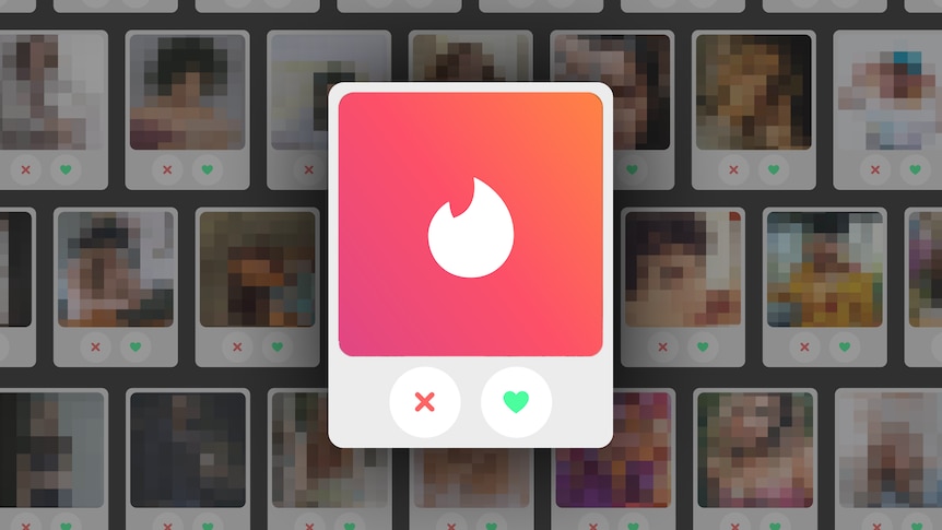 An illustration of blurred out Tinder profiles with Tinder's logo in the middle