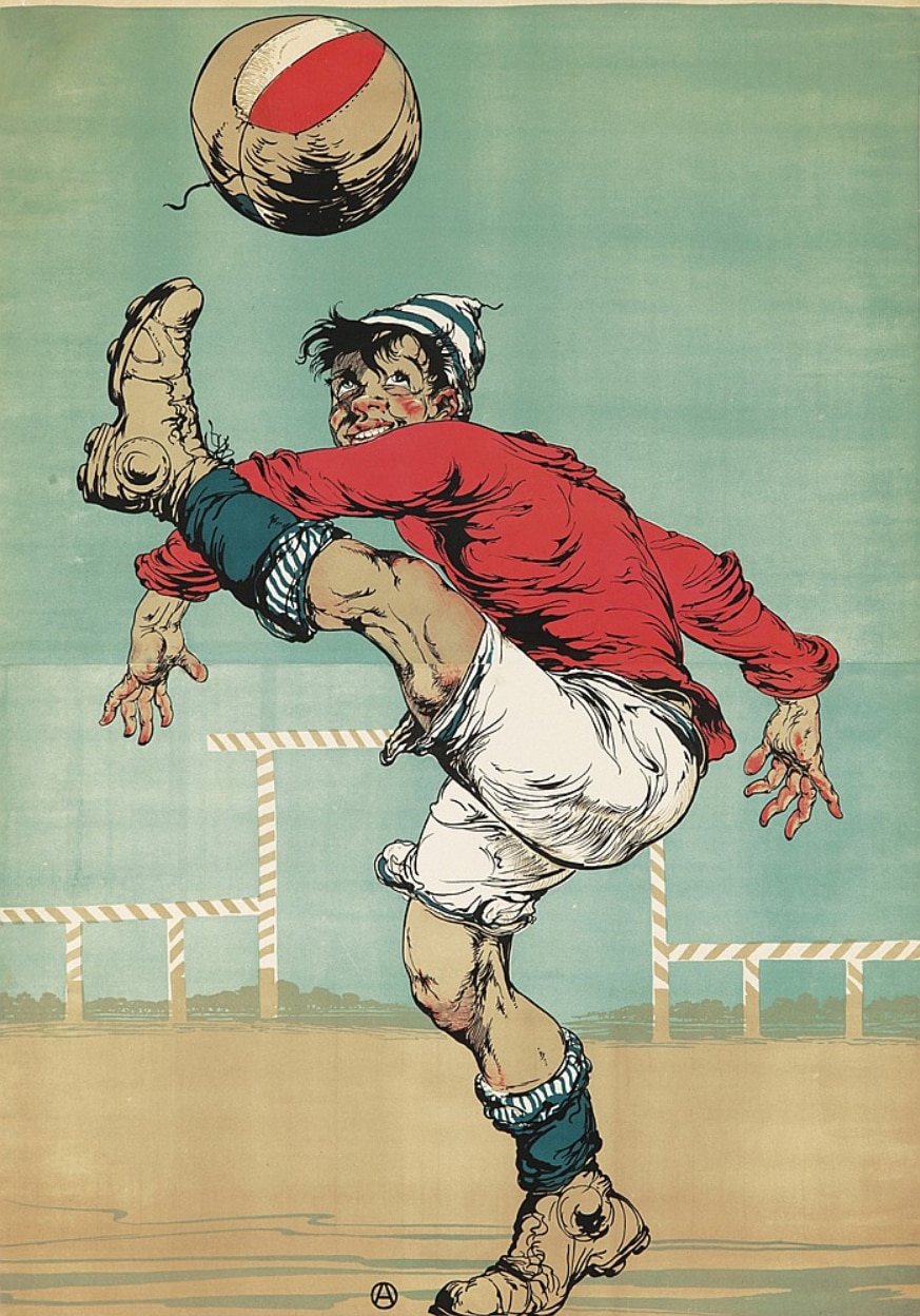 A drawing of a man kicking his leg up to his head, about to collide with a soccer ball. His body is twisted. 