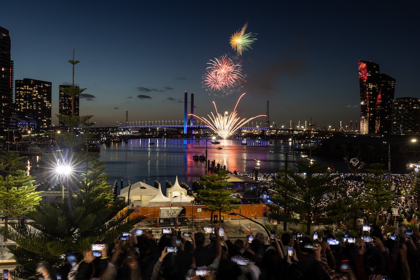 Fireworks are seen above the Bolte Bridge in Dockland during New Year’s Eve celebrations in Melbourne