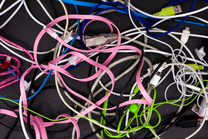 Tangled multi-coloured cables