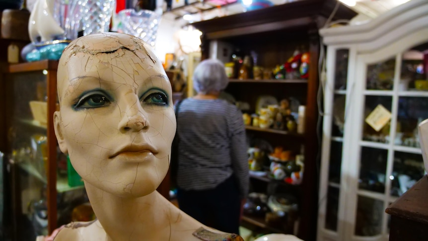 A mannequin head sitting in an antique shop.