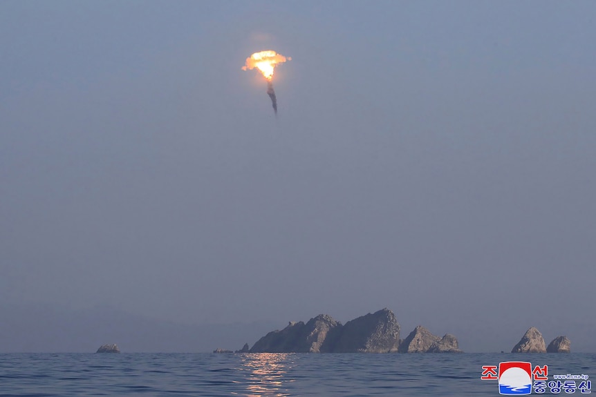 a missile is launched in an undisclosed location in North Korea near a body of water