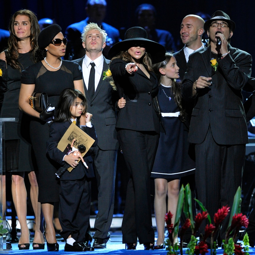 Brooke Shields (far right) pictured beside Michael Jackson's family during the singer's public funeral in 2009.