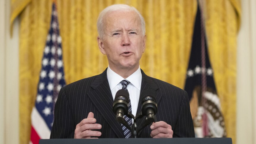 U.S. President Joe Biden speaks while delivering an address at the White House in Washington, D.C.