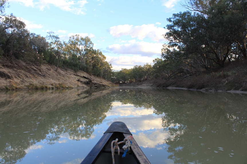 The tip of a canoe in foreground with a brown river and banks in background.