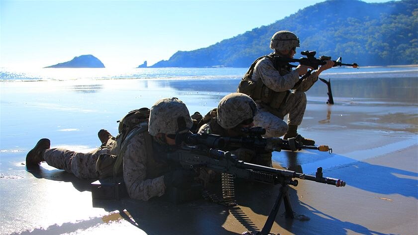 US troops secure the beach at Queensland's Shoalwater Bay as they begin Exercise Talisman Sabre in 2011.