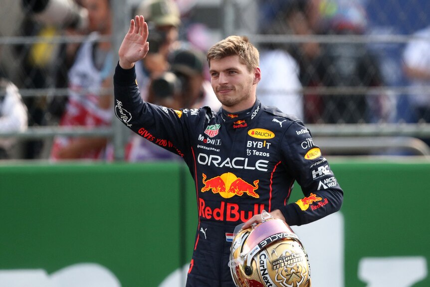Red Bull's Max Verstappen celebrates after qualifying in pole position