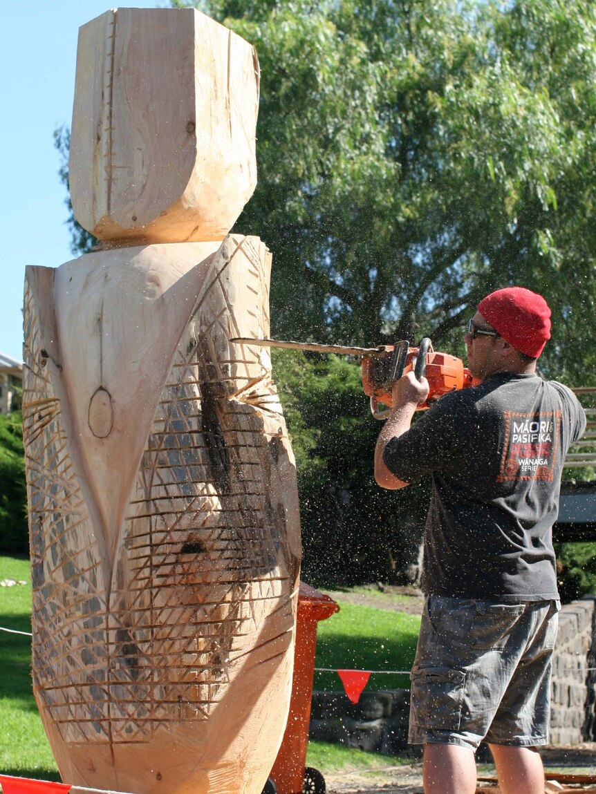 Fonofale McCarthy carving out of macrocarpa wood