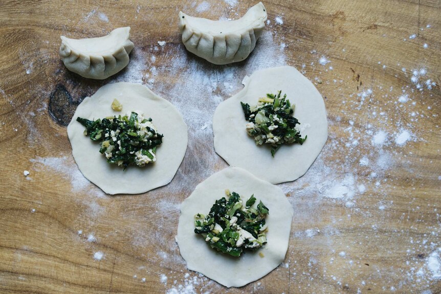 Homemade dumpling wrappers with spinach filling inside, ready to be folded, a vegetarian cooking project.