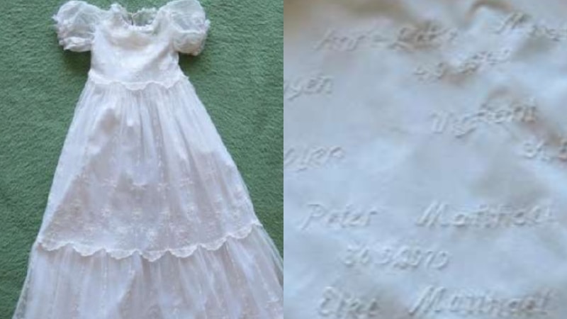 two images side-by-side of the full dress on left and close up of embroidery on right