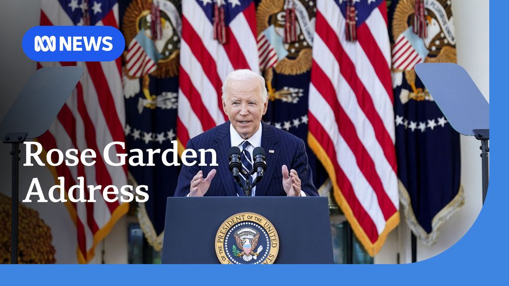 Rose Garden Address. Joe Biden standing at the "grey goose" lectern speaking. 