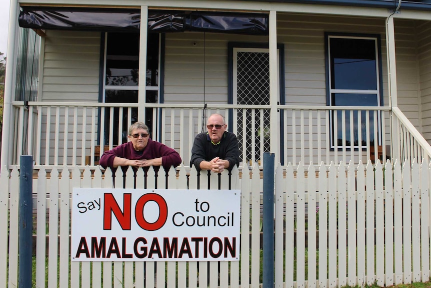 No to amalgamations sign on Judy Hardy's fence