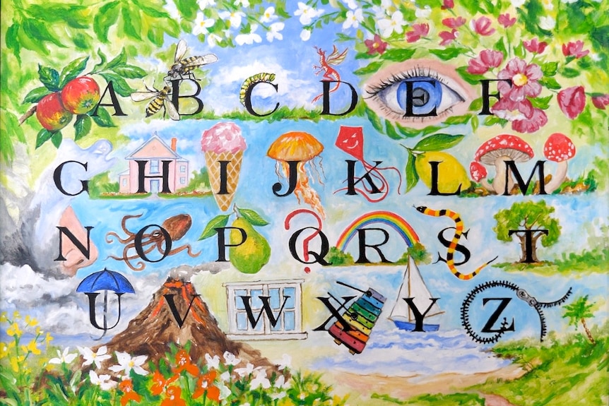 A detailed water colour painting of a picture alphabet for kids