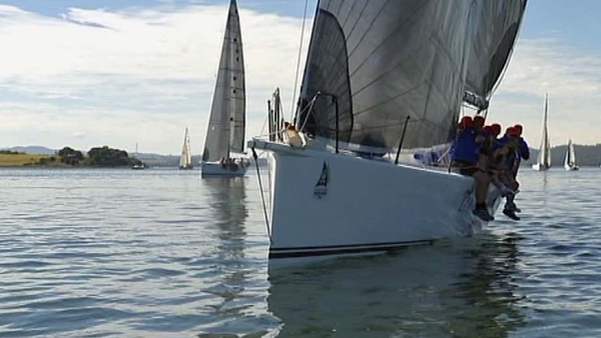 The fleet heads out of Beauty Point for the 2013 Launceston to Hobart yacht race.