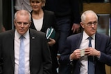 Scott Morrison and Malcolm Turnbull walk through the House of Representatives