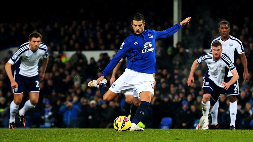 Everton's Kevin Mirallas misses a penalty against West Brom at Goodison Park on January 19, 2015.