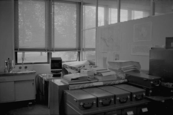 A black and white photo of an office.