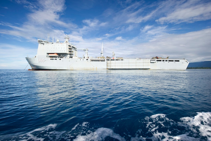 HMAS Choules at anchor off the coast of Bougainville