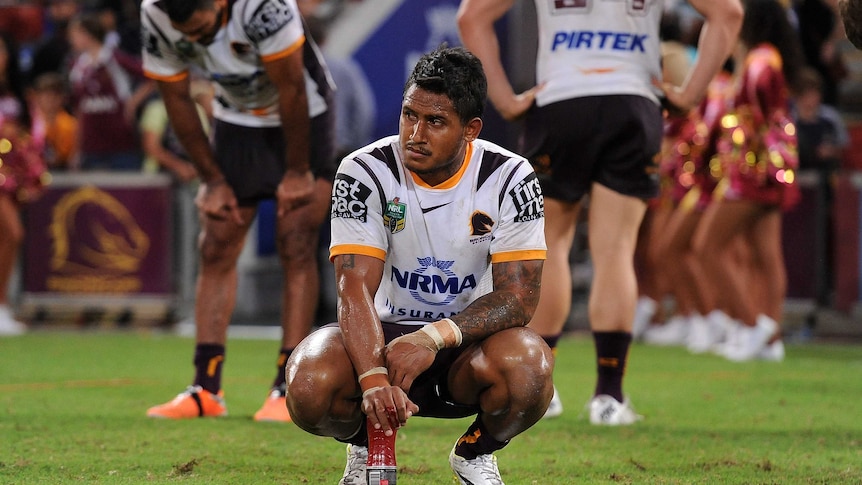 The Broncos' Ben Barba looks dejected after the round five match against Parramatta at Lang Park.