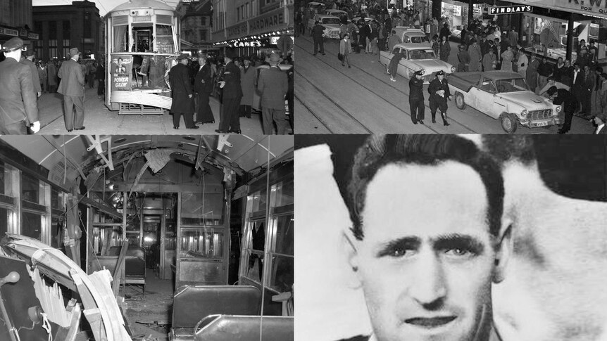 Four black and white photos of a 1960 tram collision in Hobart.