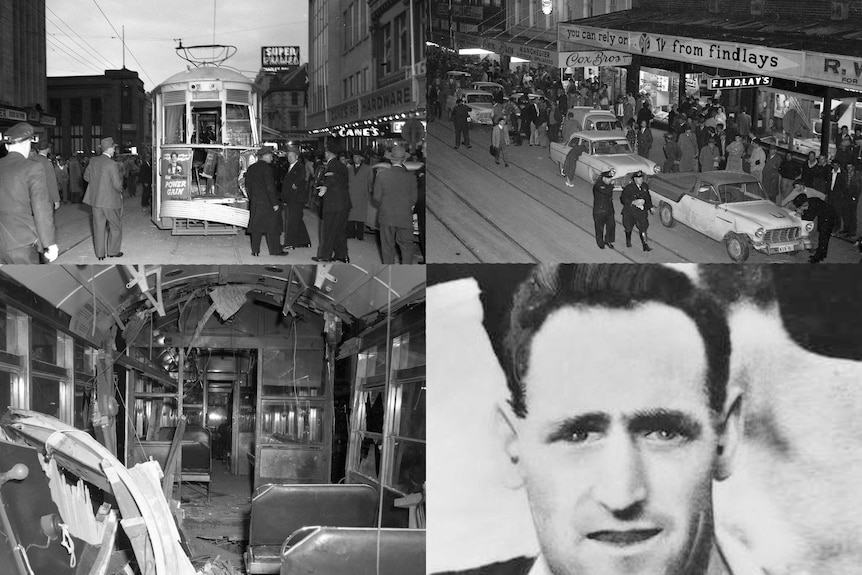 Four black and white photos of a 1960 tram collision in Hobart.