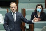Adam Bandt holds out his arm while speaking in the House of Representatives 