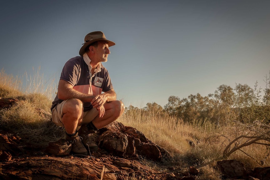 Martin sits on a rock against a blue sky.