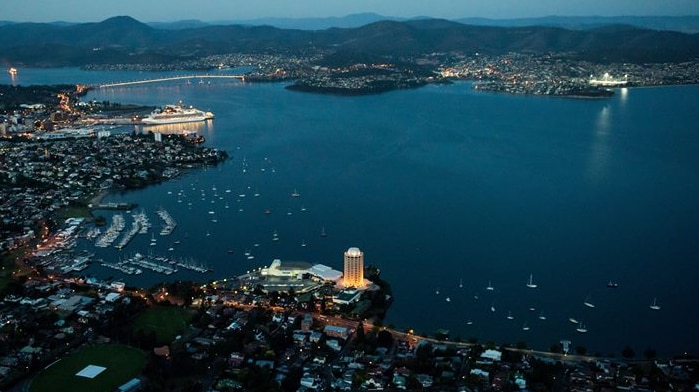 Aerial view of Wrest Point casino and Hobart metropolitan area.
