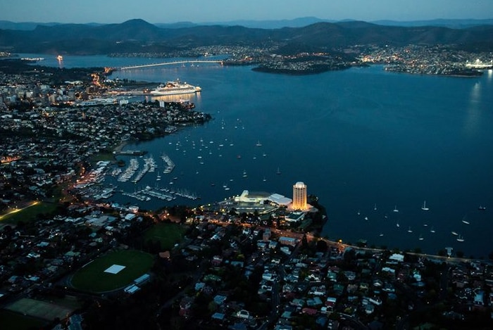 Aerial view of Wrest Point casino and Hobart metropolitan area.