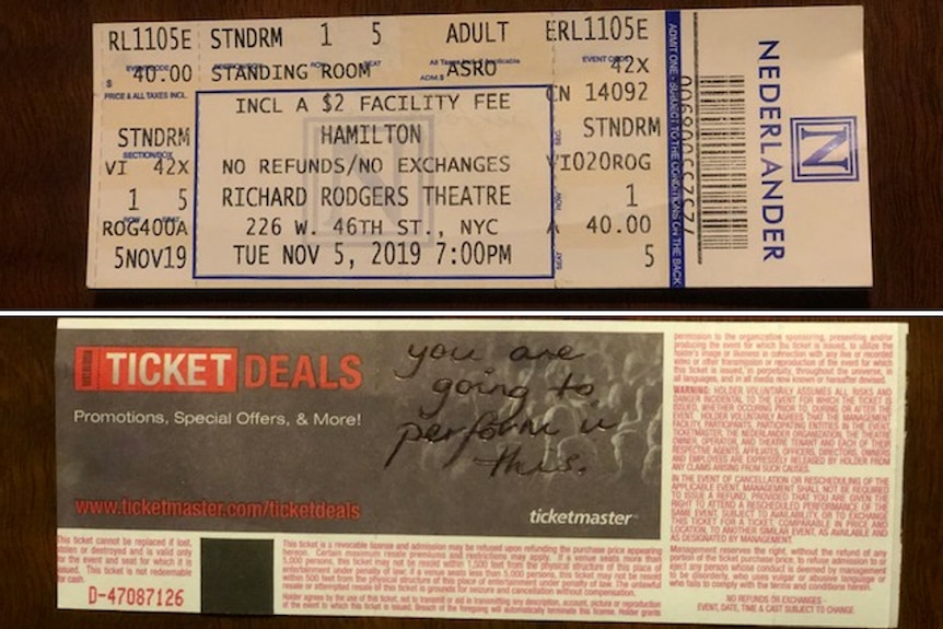 A photo showing Callan Purcell's ticket to Hamilton in New York